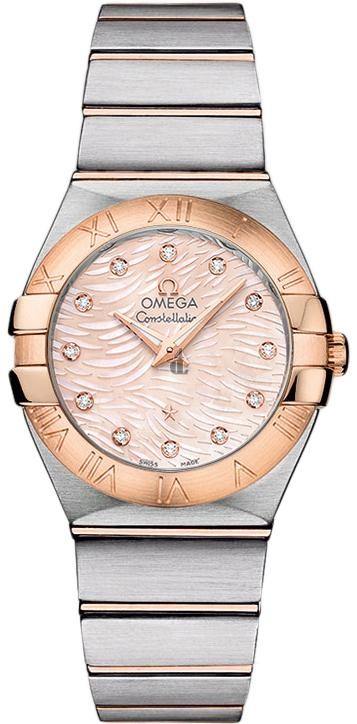 Fake Omega Constellation Quartz 27mm 123.20.27.60.57.004  Pink Diamond Pearl Watch