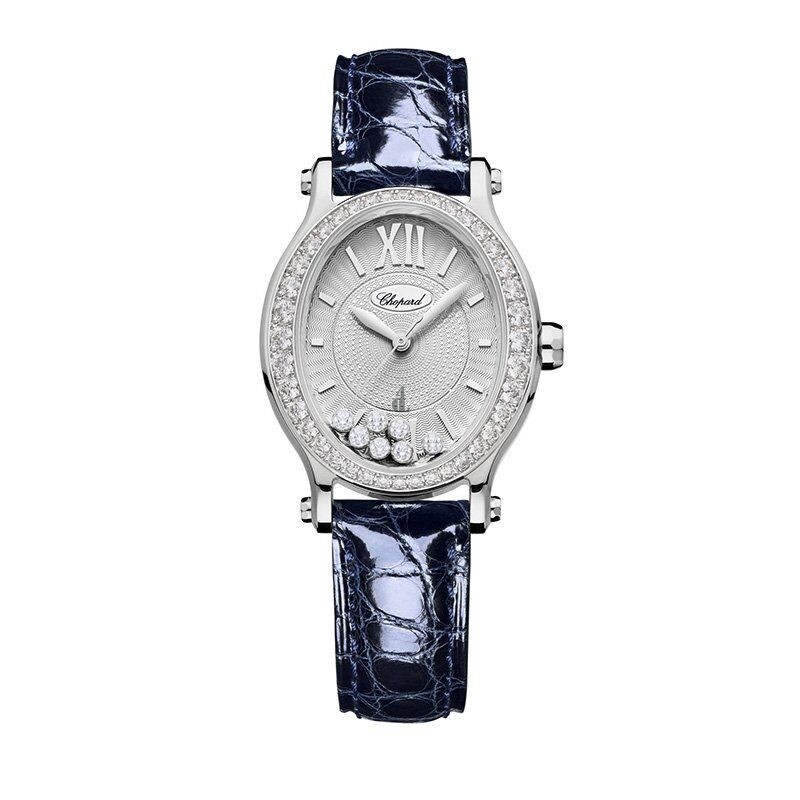 Replica Chopard Happy Sport Oval Automatic Diamond White Gold BLue Leather 31mm Women's Watch
