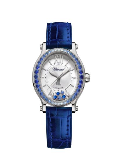 Replica Chopard Happy Sport Oval 18K White Gold Sapphires And Diamonds Watch