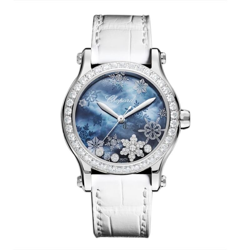Replica Chopard Happy Snowflakes Blue Mother of Pearl Diamond White Leather Strap Limited Edition Women's Watch