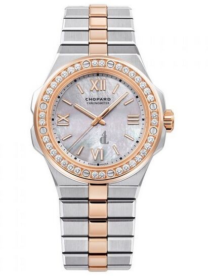 Replica Chopard Alpine Eagle 36mm Steel and Rose Gold Diamond Bezel Mother of Pearl Dial Watch