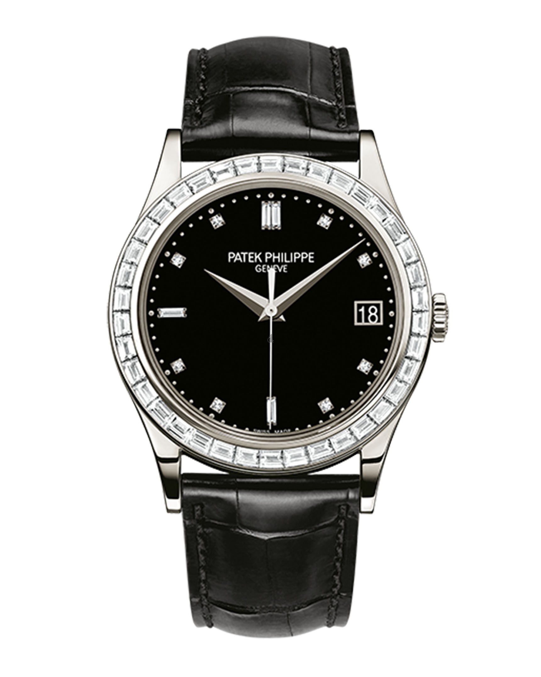Patek Philippe Calatrava 38mm Black Baguette Diamond Bezel Date Platinum Leather BRAND NEW 5298P-012