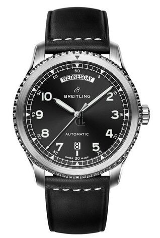 Breitling Navitimer 8 Day & Date Black Dial Leather Strap A45330101B1X1