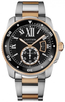 AAA quality Calibre De Cartier Diver Black Dial Steel and Rose Gold Mens Watch W7100054 replica.