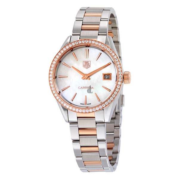 Tag Heuer Carrera Mother of Pearl Dial Diamond Bezel Steel and 18kt Rose Gold Ladies Watch WAR1353.BD0779 fake.
