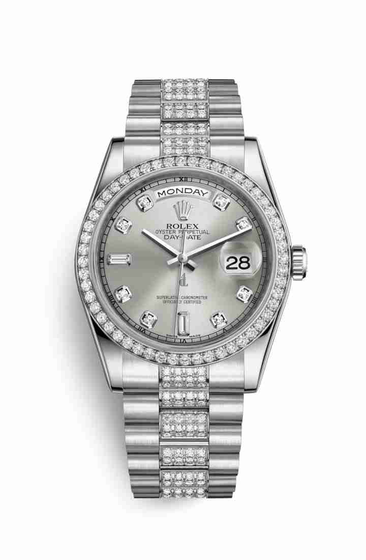 Rolex Day-Date 36 Platinum 118346 Silver set diamonds Dial