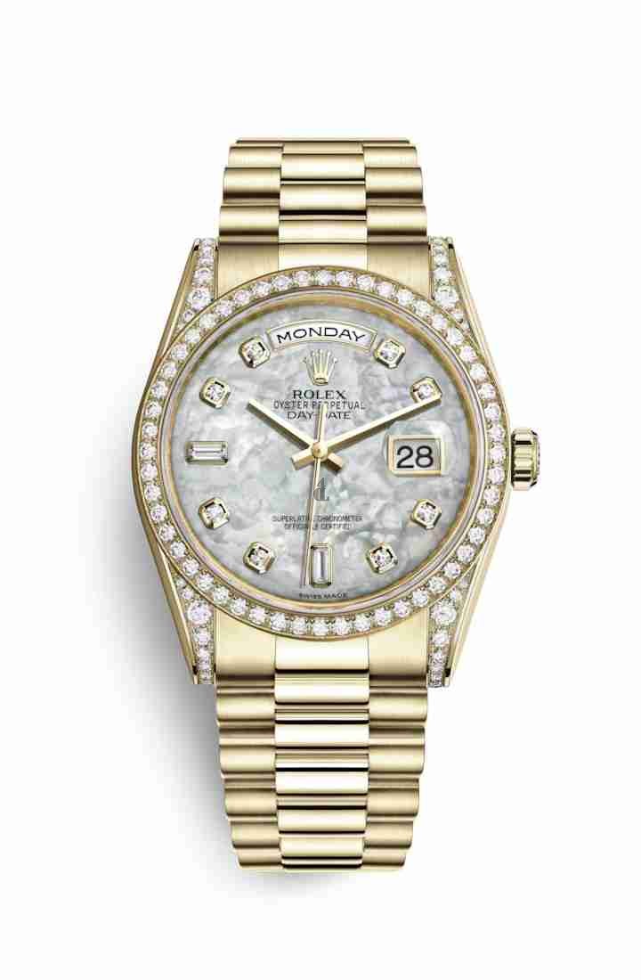Rolex Day-Date 36 yellow gold lugs set diamonds 118388 White mother-of-pearl set diamonds Dial