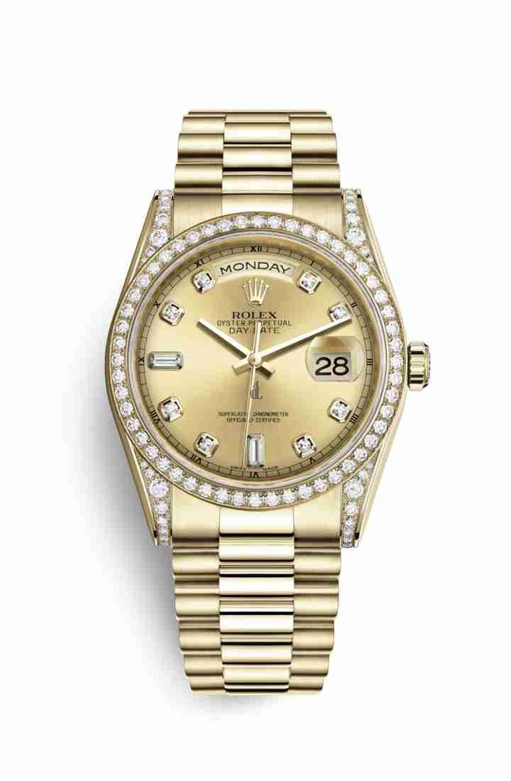 Rolex Day-Date 36 yellow gold lugs set diamonds 118388 Champagne-colour set diamonds Dial