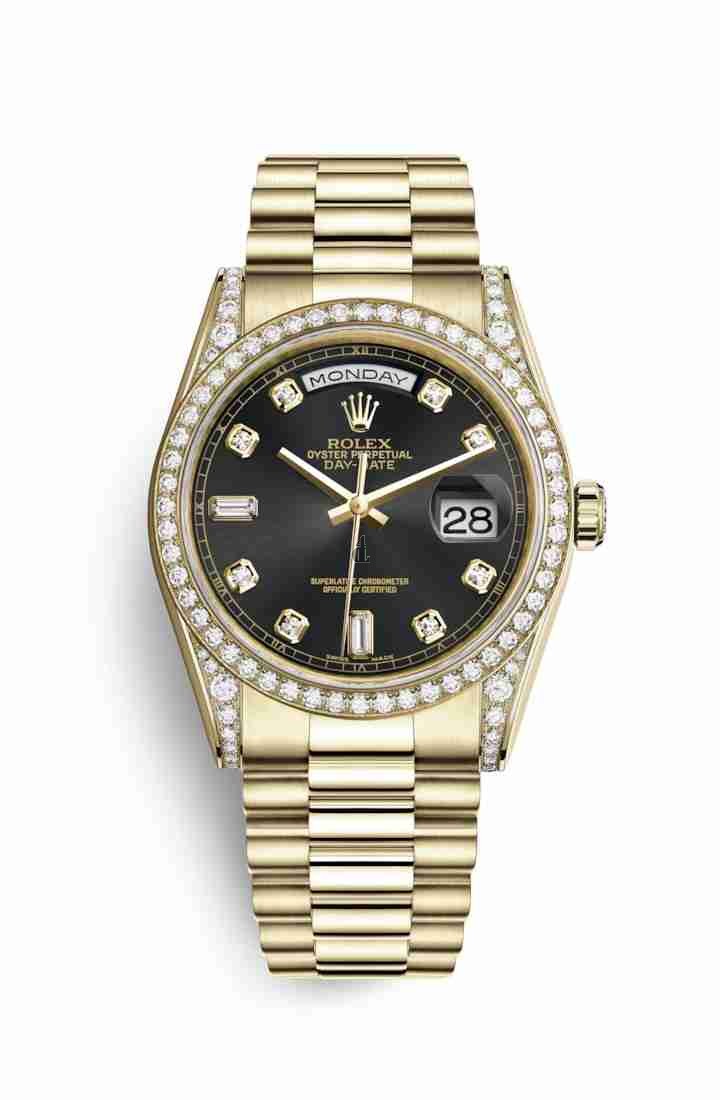 Rolex Day-Date 36 yellow gold lugs set diamonds 118388 Black set diamonds Dial