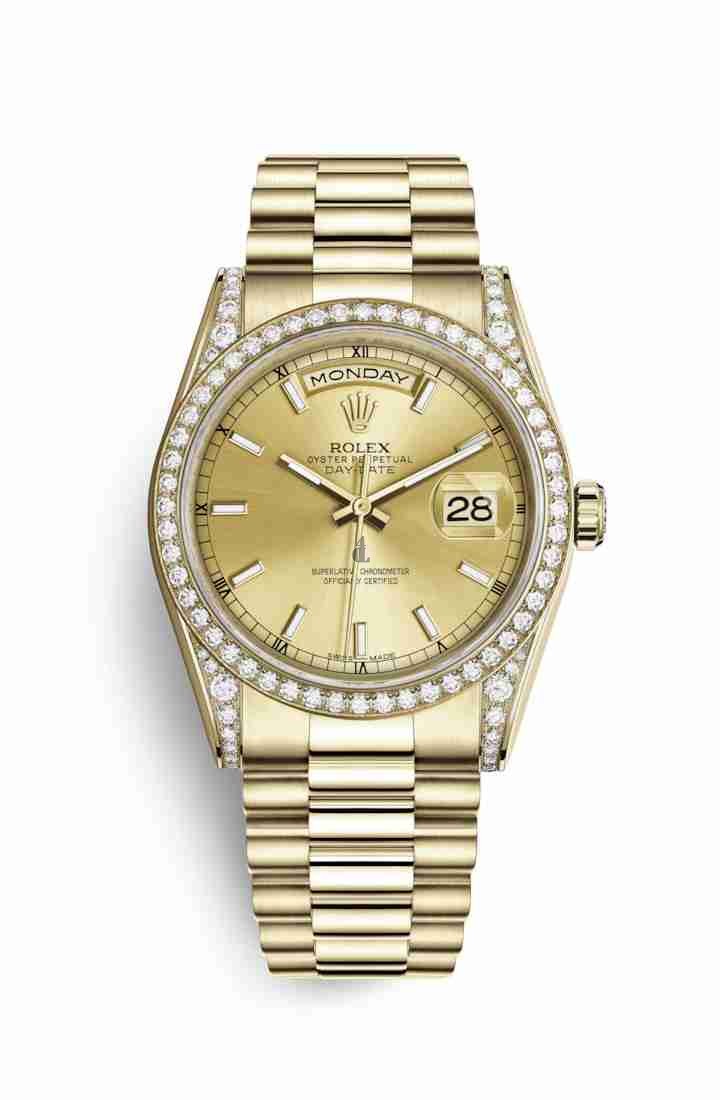 Rolex Day-Date 36 yellow gold lugs set diamonds 118388 Champagne-colour Dial