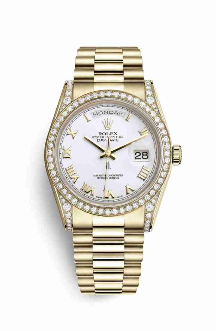 Rolex Day-Date 36 yellow gold lugs set diamonds 118388 White Dial