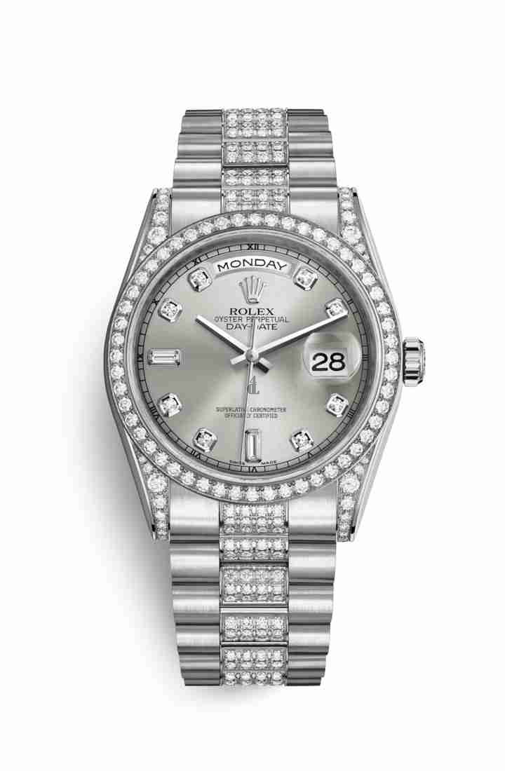 Rolex Day-Date 36 white gold lugs set diamonds 118389 Silver set diamonds Dial