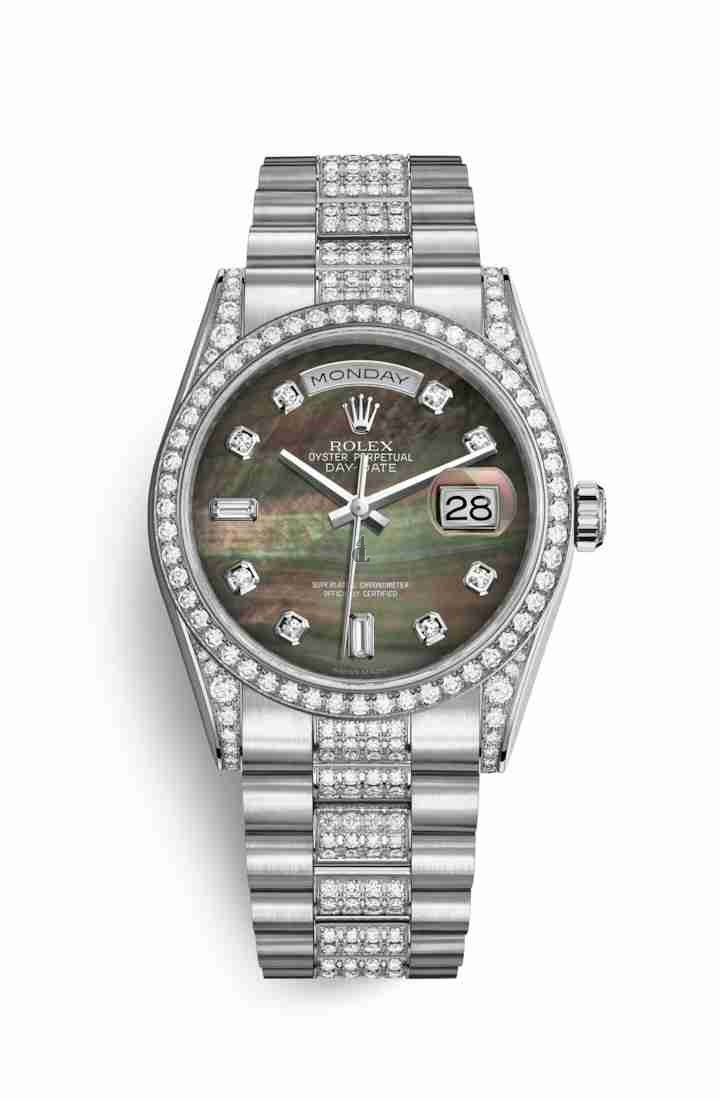Rolex Day-Date 36 white gold lugs set diamonds 118389 Black mother-of-pearl set diamonds Dial