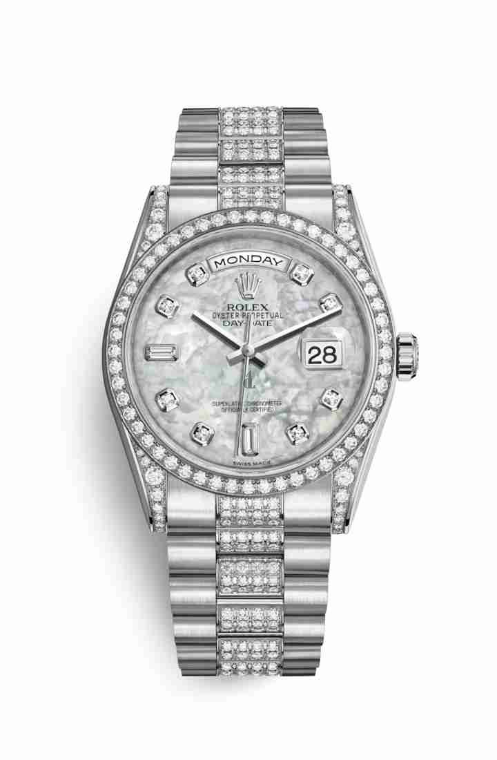 Rolex Day-Date 36 white gold lugs set diamonds 118389 White mother-of-pearl set diamonds Dial