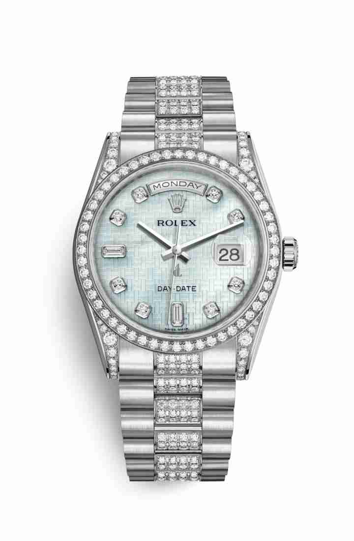 Rolex Day-Date 36 white gold lugs set diamonds 118389 Platinum mother-of-pearl oxford motif set diamonds Dial