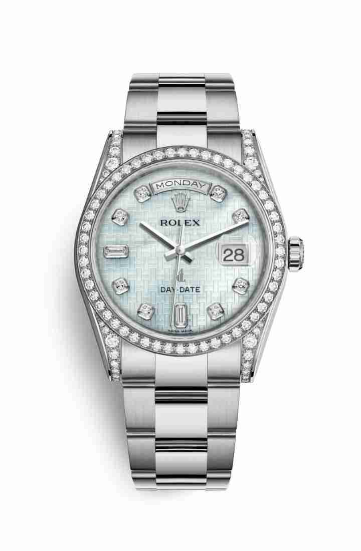 Rolex Day-Date 36 white gold lugs set diamonds 118389 Platinum mother-of-pearl oxford motif set diamonds Dial