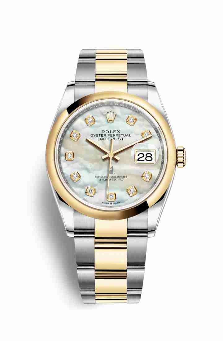 Rolex Datejust 36 Yellow Rolesor Oystersteel yellow gold 126203 White mother-of-pearl set diamonds Dial