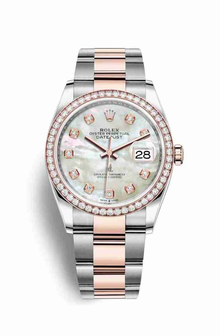 Rolex Datejust 36 Everose Rolesor Oystersteel Everose gold 126281RBR White mother-of-pearl set diamonds Dial