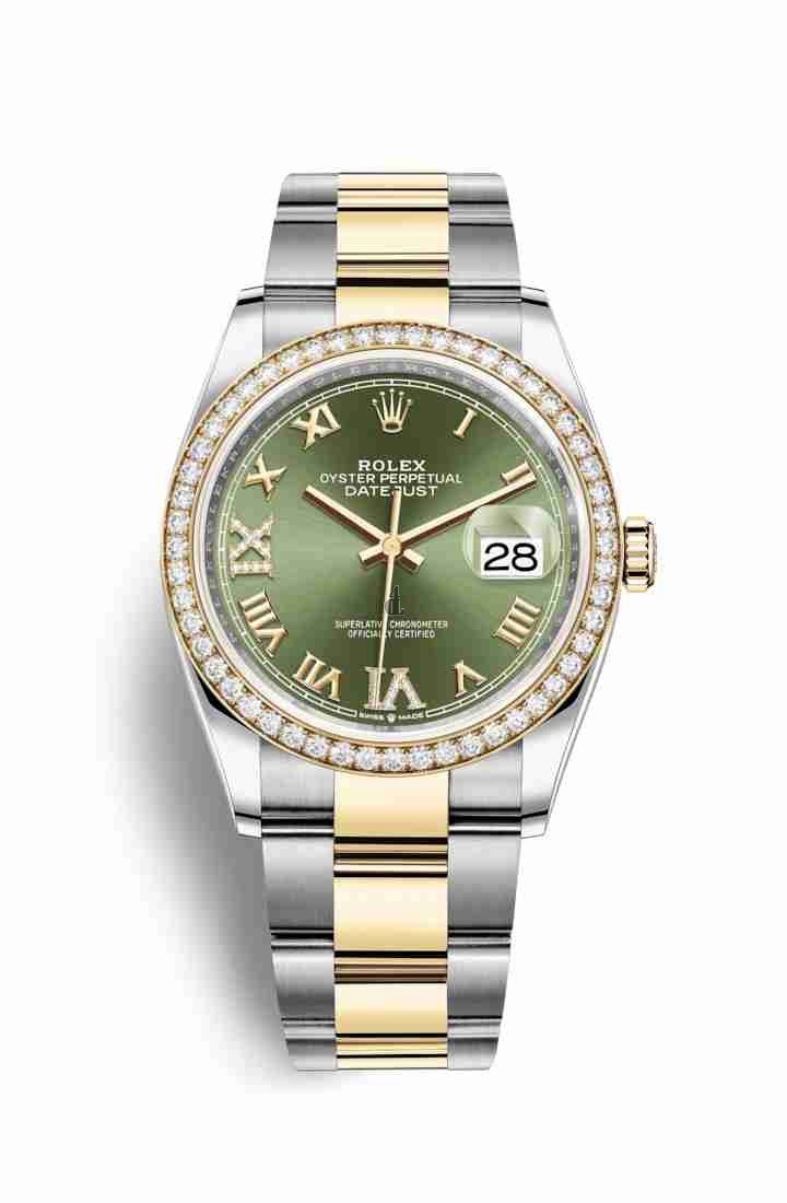 Rolex Datejust 36 Yellow Rolesor Oystersteel yellow gold 126283RBR Olive green set diamonds Dial