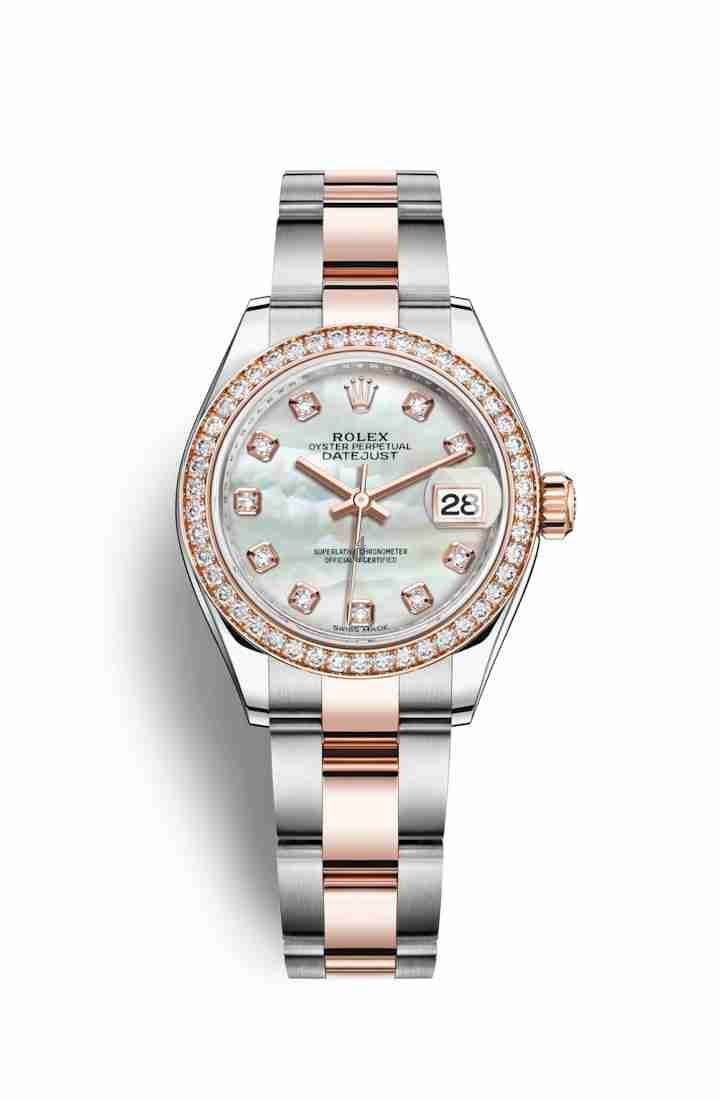 Rolex Datejust 28 Everose Rolesor Oystersteel Everose gold 279381RBR White mother-of-pearl set diamonds Dial