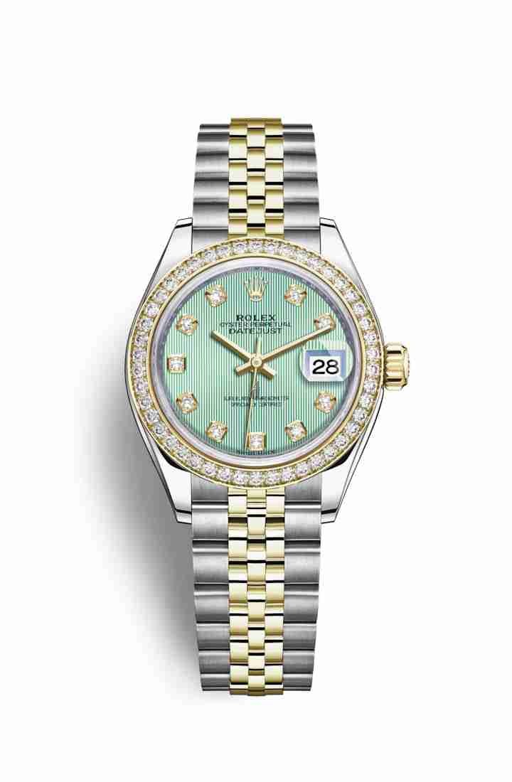 Rolex Datejust 28 Yellow Rolesor Oystersteel yellow gold 279383RBR Mint green set diamonds Dial