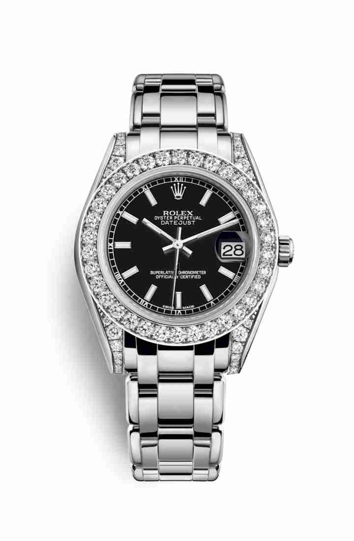 Rolex Pearlmaster 34 white gold lugs set diamonds 81159 Black Dial