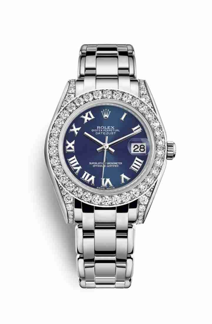Rolex Pearlmaster 34 white gold lugs set diamonds 81159 Blue Dial