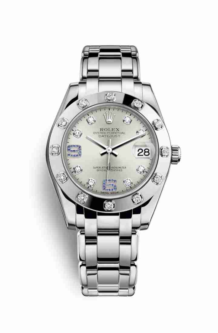 Rolex Pearlmaster 34 white gold 81319 Silver set diamonds sapphires Dial