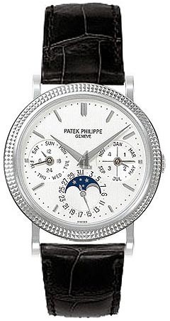 Fake Patek Philippe Annual Calender Moonphase White Dial Black Leather Stainless Steel Automatic Men's Watch 5039G
