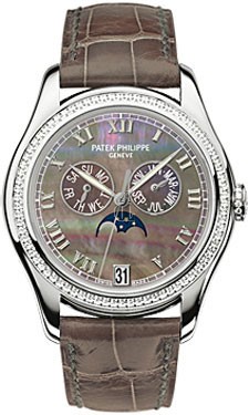 Fake Patek Philippe Black Mother of Pearl Dial 18kt White Gold Brown Leather Automatic Diamond Ladies Watch 4936G-001