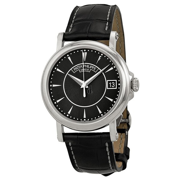 Fake Patek Philippe Calatrava Black Dial 18k White Gold Black Leather Men's Watch 5153G-001
