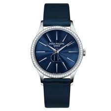 Fake Patek Philippe Calatrava Blue Dial Diamond 18kt White Gold Ladies Watch 4897G-001