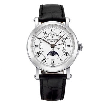 Fake Patek Philippe Perpetual Calendar Silver Dial 18kt White Gold Black Leather Men's Watch 5059G