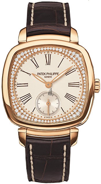 Fake Patek Philippe Silver Dial 18kt Rose Gold Diamond Brown Leather Ladies Watch 7041R