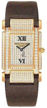 Fake Patek Philippe Twenty-4  18kt Rose Gold Diamond Dial Satin Strap Ladies Watch 4910R