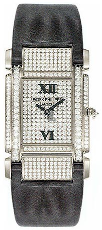 Fake Patek Philippe Twenty-4 18kt White Gold Diamond Dial Satin Strap Ladies Watch 4910G
