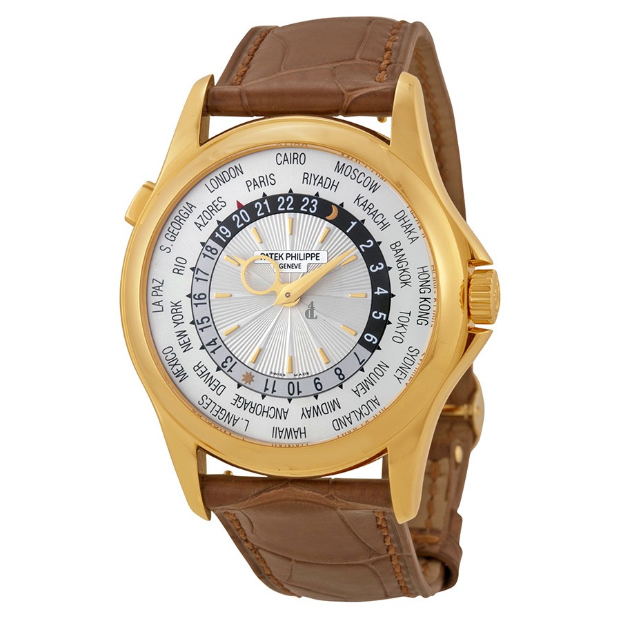 Fake Patek Philippe World Time Silver Dial 18kt Yellow Gold Brown Leather Men's Watch 5130J