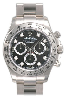 imitation Rolex Daytona 116509BKDO Black Diamond Oyster Bracelet 18k White Gold Watch