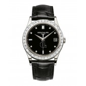 Patek Philippe Calatrava 38mm Black Baguette Diamond Bezel Date Platinum Leather BRAND NEW 5298P-012
